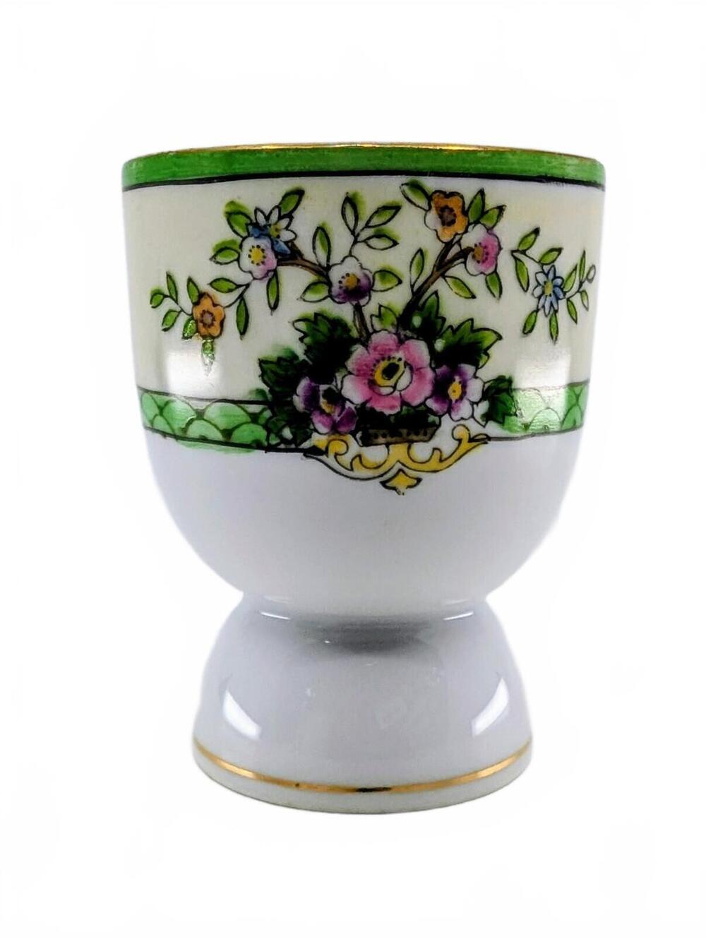 Antique Noritake Hand Painted Double Egg Cup Floral Green Trim Japan